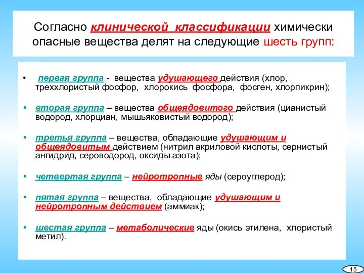 Согласно клинической классификации химически опасные вещества делят на следующие шесть групп: первая