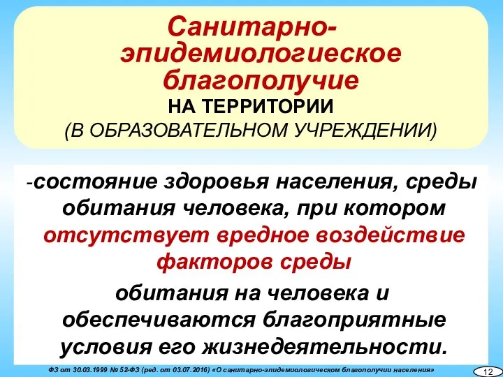 Санитарно-эпидемиологиеское благополучие НА ТЕРРИТОРИИ (В ОБРАЗОВАТЕЛЬНОМ УЧРЕЖДЕНИИ) -состояние здоровья населения, среды обитания