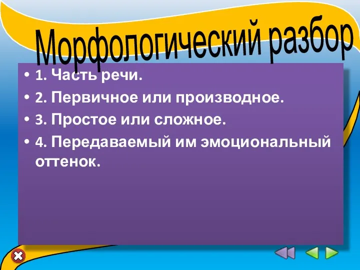 1. Часть речи. 2. Первичное или производное. 3. Простое или сложное. 4.