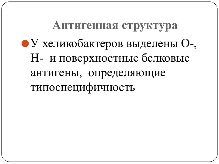 Антигенная структура У хеликобактеров выделены О-, Н- и поверхностные белковые антигены, определяющие типоспецифичность