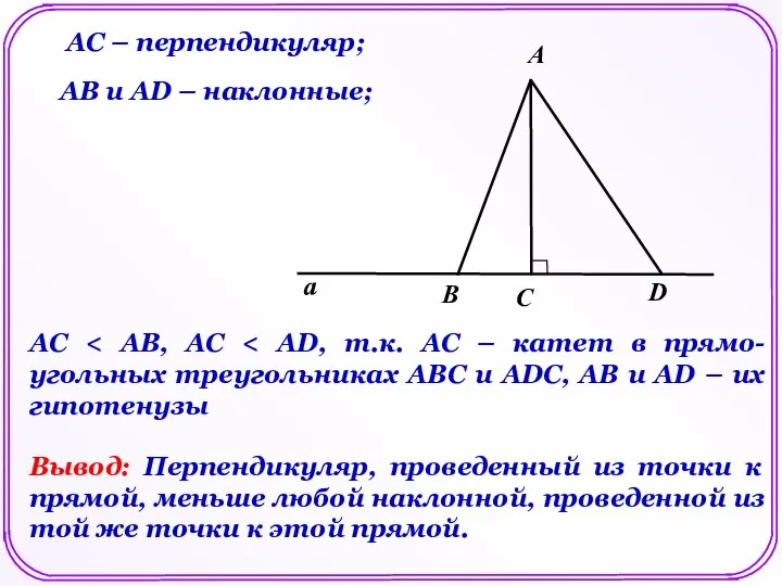 А В D С а АС – перпендикуляр; АВ и АD –