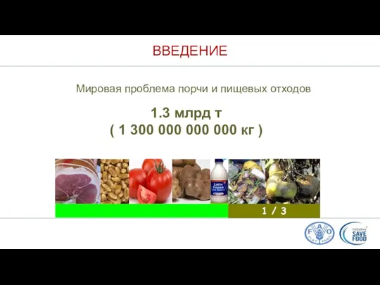 ВВЕДЕНИЕ Мировая проблема порчи и пищевых отходов 1.3 млрд т ( 1