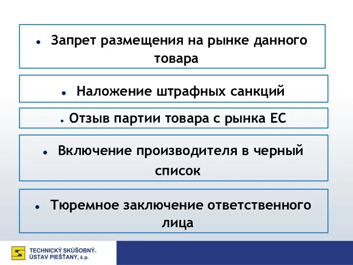 Наложение штрафных санкций Запрет размещения на рынке данного товара Отзыв партии товара