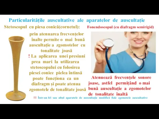 Particularitățile auscultative ale aparatelor de auscultație Stetoscopul cu piesa conică(cornetul): Fonendoscopul (cu