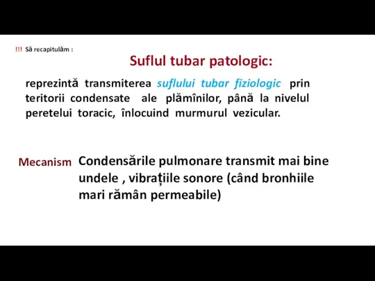 !!! Să recapitulăm : Suflul tubar patologic: reprezintă transmiterea suflului tubar fiziologic