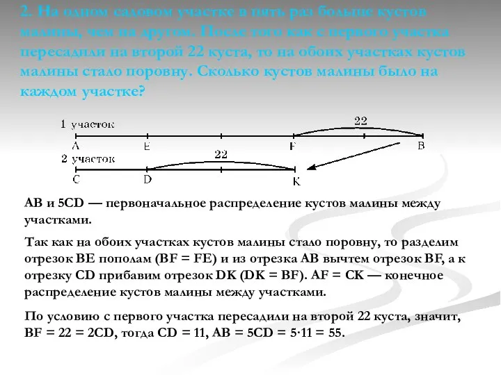 2. На одном садовом участке в пять раз больше кустов малины, чем