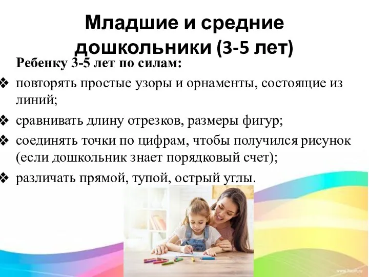 Младшие и средние дошкольники (3-5 лет) Ребенку 3-5 лет по силам: повторять