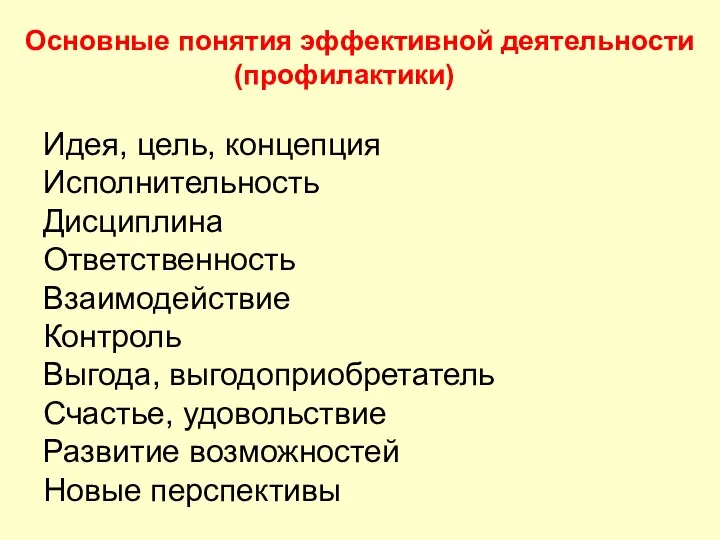 Основные понятия эффективной деятельности (профилактики) Идея, цель, концепция Исполнительность Дисциплина Ответственность Взаимодействие