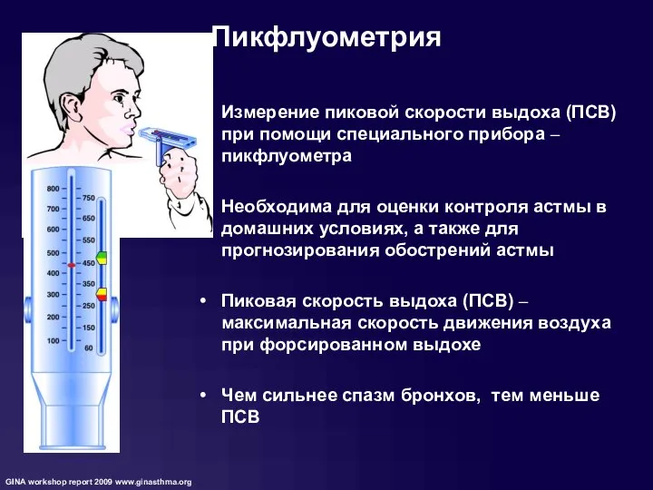 Пикфлуометрия Измерение пиковой скорости выдоха (ПСВ) при помощи специального прибора – пикфлуометра