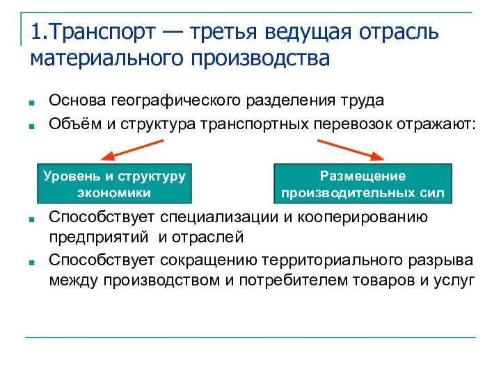 1.Транспорт — третья ведущая отрасль материального производства Основа географического разделения труда Объём