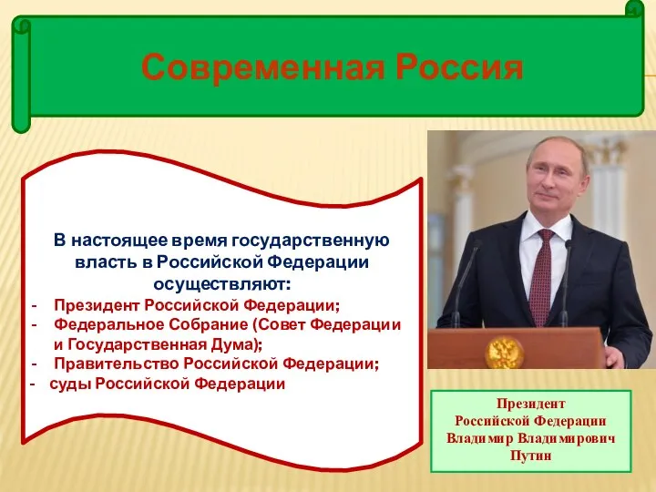 Современная Россия Президент Российской Федерации Владимир Владимирович Путин В настоящее время государственную