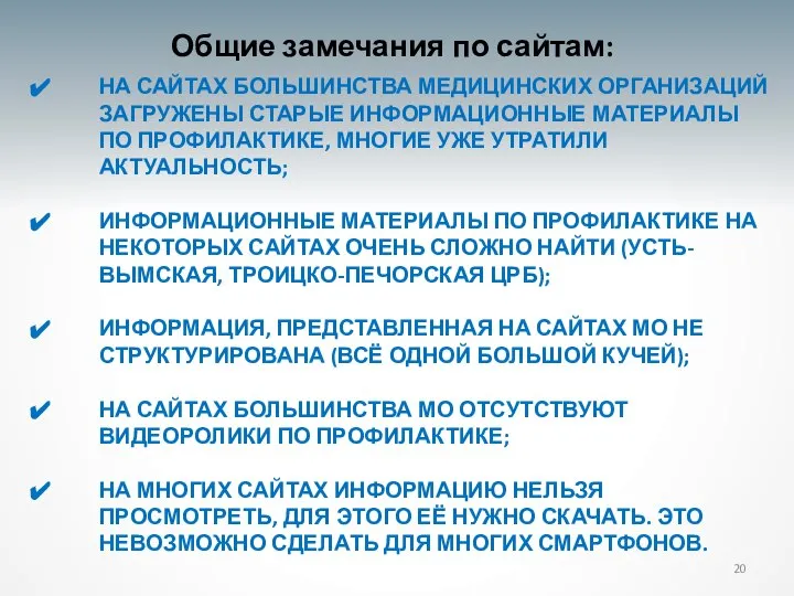 НА САЙТАХ БОЛЬШИНСТВА МЕДИЦИНСКИХ ОРГАНИЗАЦИЙ ЗАГРУЖЕНЫ СТАРЫЕ ИНФОРМАЦИОННЫЕ МАТЕРИАЛЫ ПО ПРОФИЛАКТИКЕ, МНОГИЕ