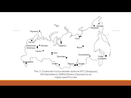 Рис.3. Схема местоположения пунктов КГС (Анадырь), IGS (Билибино), DORIS (Южно-Сахалинск) на территории России.