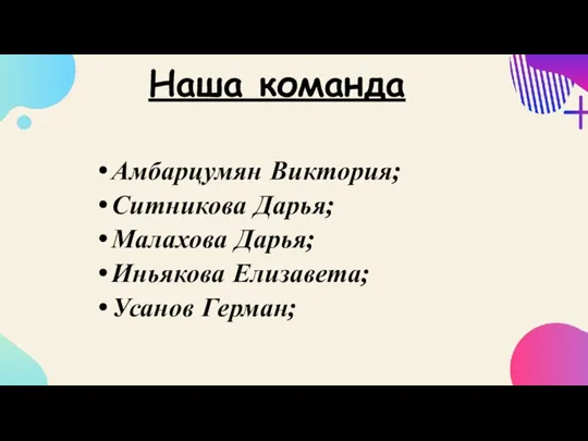 Наша команда Амбарцумян Виктория; Ситникова Дарья; Малахова Дарья; Иньякова Елизавета; Усанов Герман;