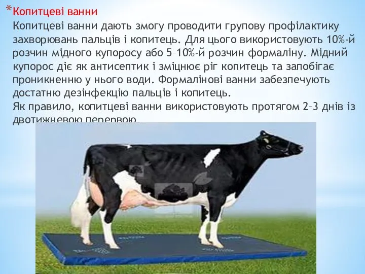 Копитцеві ванни Копитцеві ванни дають змогу проводити групову профілактику захворювань пальців і