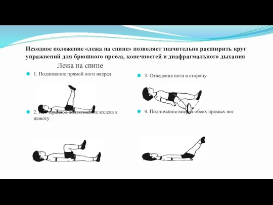 Исходное положение «лежа на спине» позволяет значительно расширить круг упражнений для брюшного