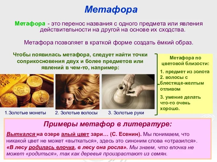 Метафора Метафора - это перенос названия с одного предмета или явления действительности