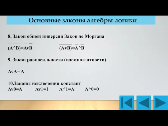 Основные законы алгебры логики 8. Закон общей инверсии Закон де Моргана (А^В)=AvB