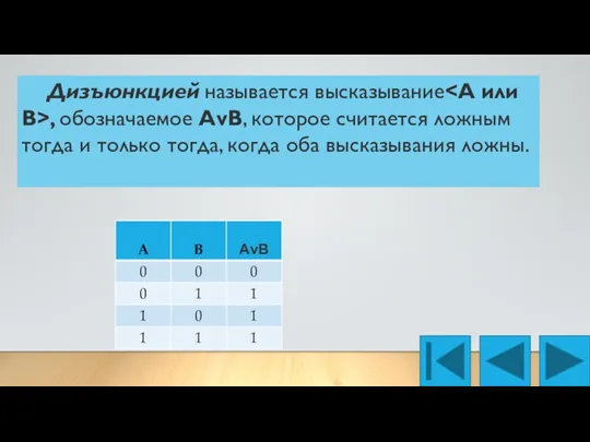 Дизъюнкцией называется высказывание , обозначаемое АvВ, которое считается ложным тогда и только