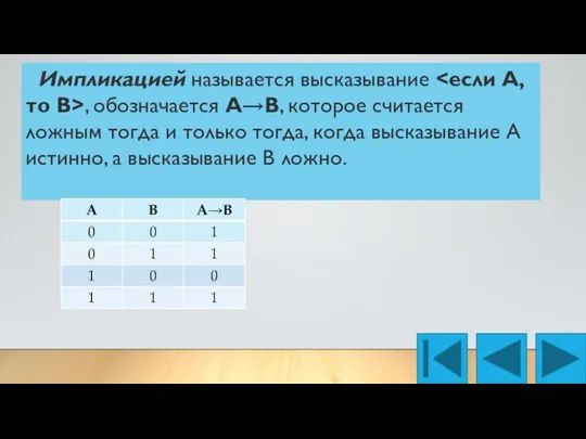 Импликацией называется высказывание , обозначается А→В, которое считается ложным тогда и только