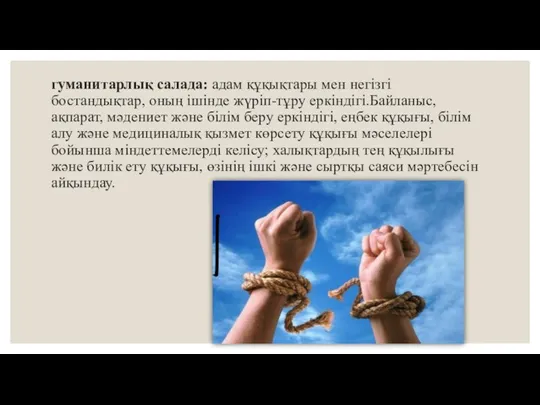 гуманитарлық салада: адам құқықтары мен негізгі бостандықтар, оның ішінде жүріп-тұру еркіндігі.Байланыс, ақпарат,