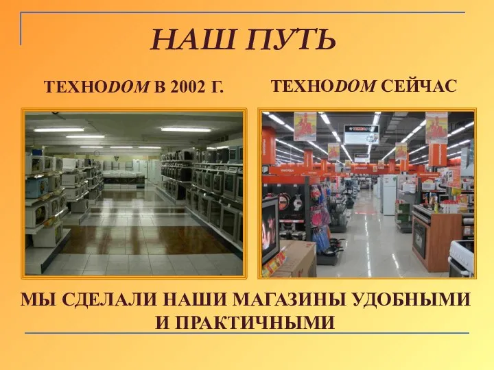 НАШ ПУТЬ ТЕХНОDОМ В 2002 Г. ТЕХНОDОМ СЕЙЧАС МЫ СДЕЛАЛИ НАШИ МАГАЗИНЫ УДОБНЫМИ И ПРАКТИЧНЫМИ