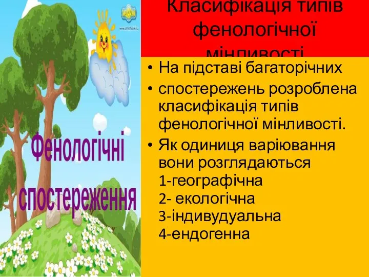 Класифікація типів фенологічної мінливості На підставі багаторічних спостережень розроблена класифікація типів фенологічної