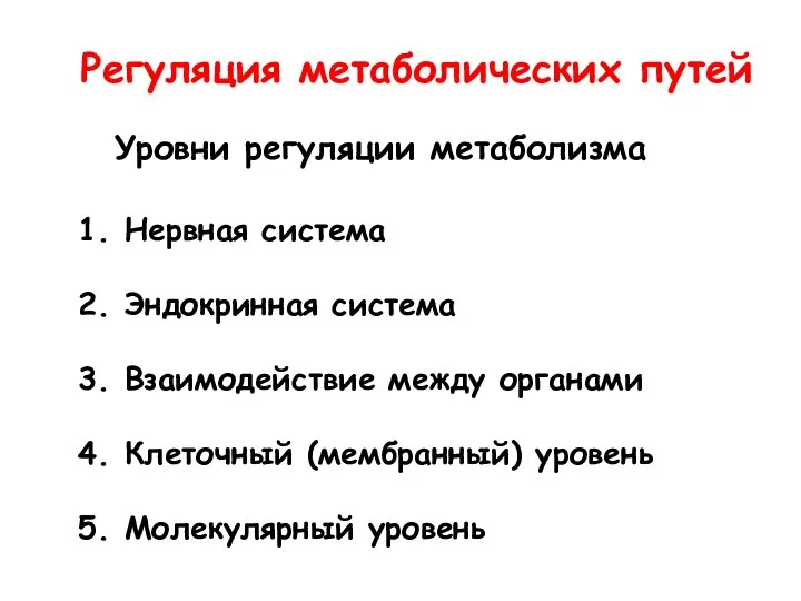 Регуляция метаболических путей Уровни регуляции метаболизма Нервная система Эндокринная система Взаимодействие между