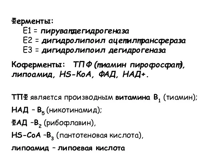 Ферменты: E1 = пируватдегидрогеназа E2 = дигидролипоил ацетилтрансфераза E3 = дигидролипоил дегидрогеназа