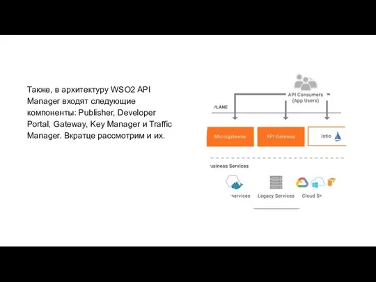 Также, в архитектуру WSO2 API Manager входят следующие компоненты: Publisher, Developer Portal,