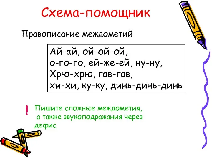 Схема-помощник Правописание междометий Ай-ай, ой-ой-ой, о-го-го, ей-же-ей, ну-ну, Хрю-хрю, гав-гав, хи-хи, ку-ку,