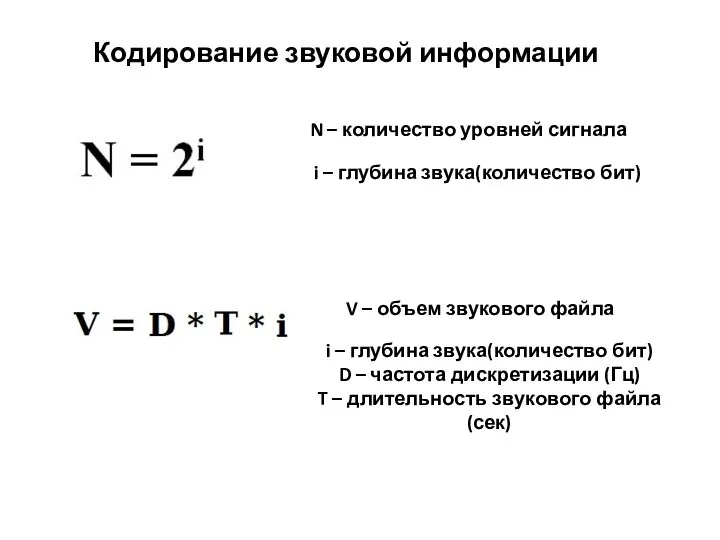 Кодирование звуковой информации N – количество уровней сигнала i – глубина звука(количество