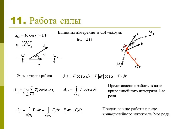 11. Работа силы Представление работы в виде криволинейного интеграла 1-го рода Элементарная