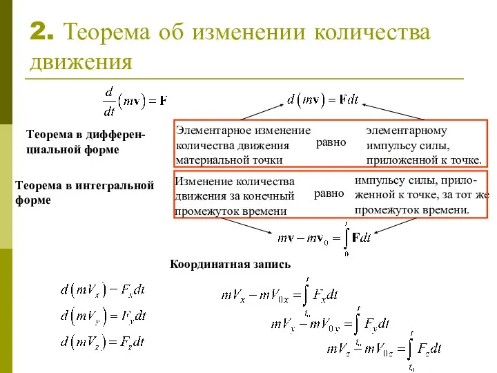 2. Теорема об изменении количества движения равно Элементарное изменение количества движения материальной