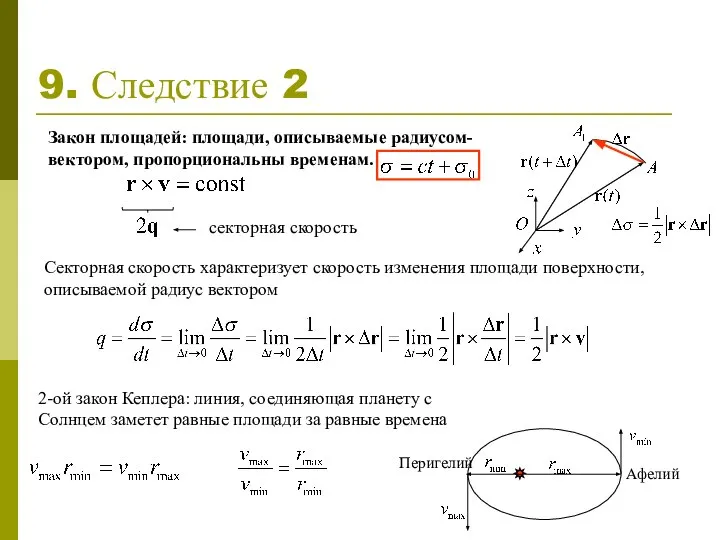 Секторная скорость характеризует скорость изменения площади поверхности, описываемой радиус вектором 9. Следствие