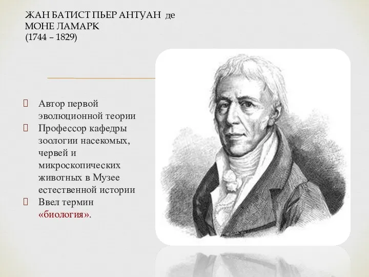 ЖАН БАТИСТ ПЬЕР АНТУАН де МОНЕ ЛАМАРК (1744 – 1829) Автор первой