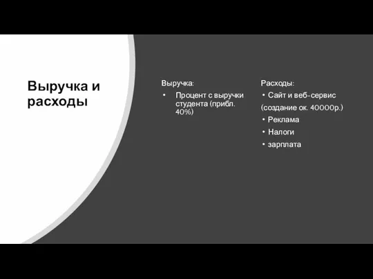 Выручка и расходы Выручка: Процент с выручки студента (прибл. 40%) Расходы: Сайт