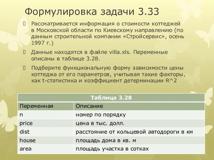 Формулировка задачи 3.33 Рассматривается информация о стоимости коттеджей в Московской области по