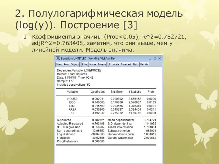 2. Полулогарифмическая модель (log(y)). Построение [3] Коэффициенты значимы (Prob