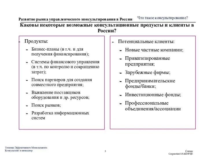 Каковы некоторые возможные консультационные продукты и клиенты в России? Продукты: Бизнес-планы (в