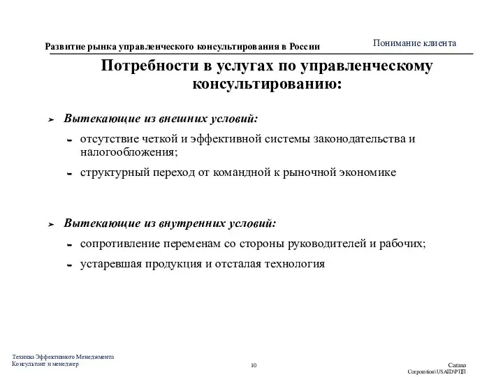 Потребности в услугах по управленческому консультированию: Вытекающие из внешних условий: отсутствие четкой