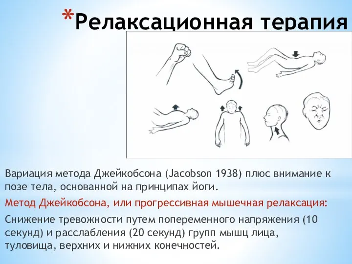 Релаксационная терапия Вариация метода Джейкобсона (Jacobson 1938) плюс внимание к позе тела,