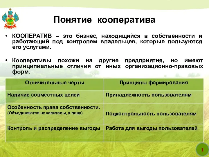 1 Понятие кооператива КООПЕРАТИВ – это бизнес, находящийся в собственности и работающий