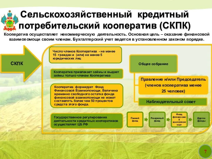 7 Сельскохозяйственный кредитный потребительский кооператив (СКПК) СКПК Кооператив осуществляет некоммерческую деятельность. Основная