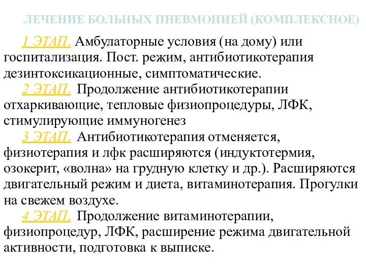 ЛЕЧЕНИЕ БОЛЬНЫХ ПНЕВМОНИЕЙ (КОМПЛЕКСНОЕ) 1 ЭТАП. Амбулаторные условия (на дому) или госпитализация.