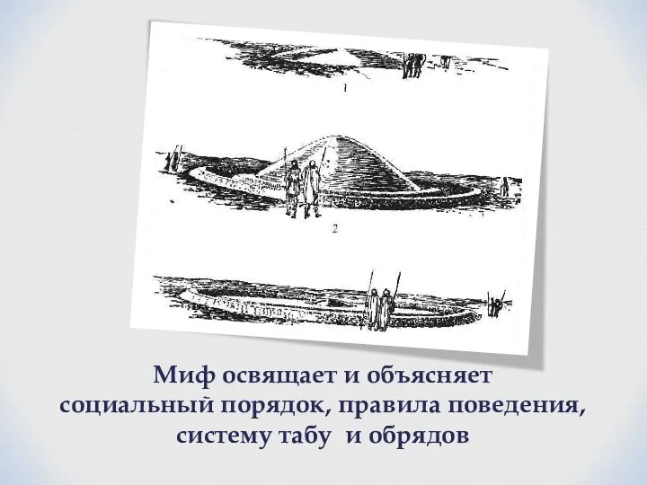 Миф освящает и объясняет социальный порядок, правила поведения, систему табу и обрядов