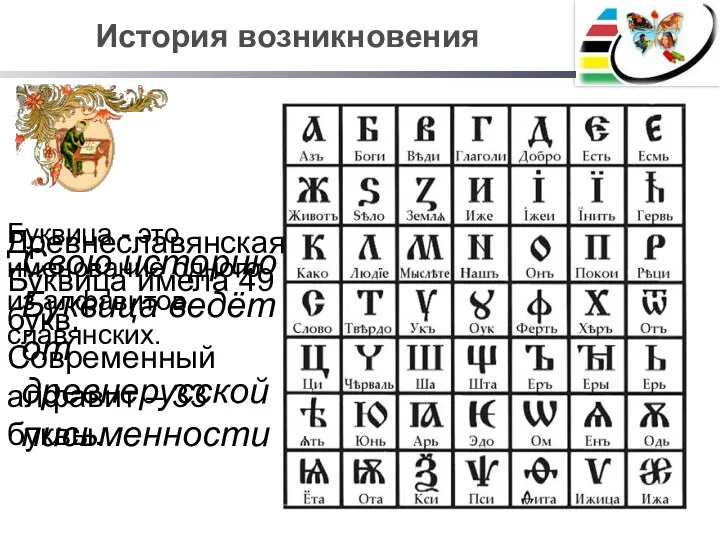 История возникновения Свою историю Буквица ведёт от древнерусской письменности Буквица - это