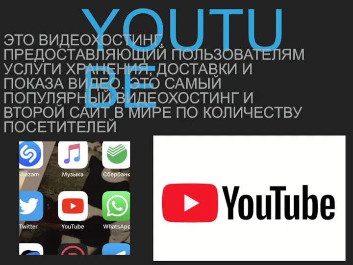 YOUTUBE ЭТО ВИДЕОХОСТИНГ, ПРЕДОСТАВЛЯЮЩИЙ ПОЛЬЗОВАТЕЛЯМ УСЛУГИ ХРАНЕНИЯ, ДОСТАВКИ И ПОКАЗА ВИДЕО. ЭТО