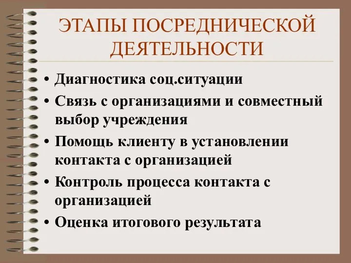 ЭТАПЫ ПОСРЕДНИЧЕСКОЙ ДЕЯТЕЛЬНОСТИ Диагностика соц.ситуации Связь с организациями и совместный выбор учреждения