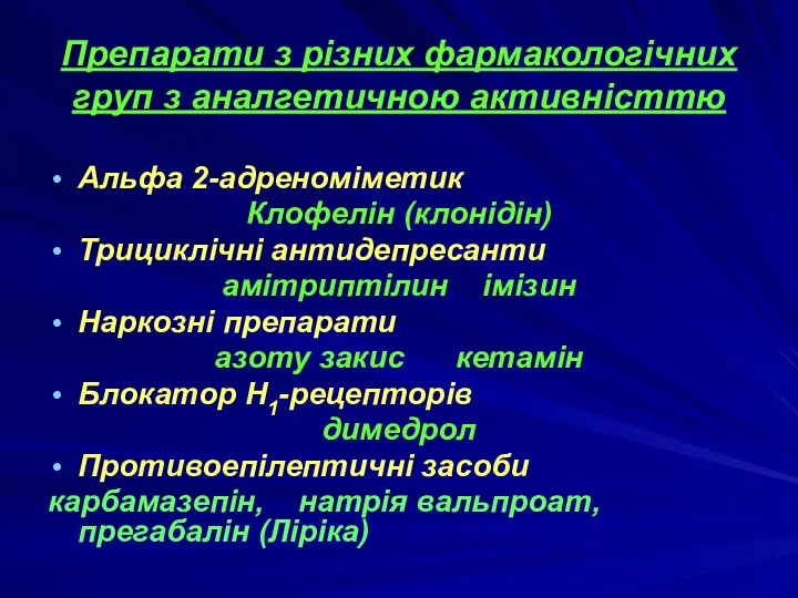 Препарати з різних фармакологічних груп з аналгетичною активністтю Альфа 2-адреноміметик Клофелін (клонідін)